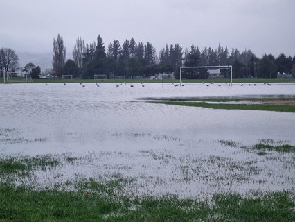 The road into the Memorial Park in Mosgiel has surface flooding and part of the sport ground looks like a lake.