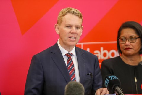 Labour leader Chris Hipkins addresses media after his policy launch.
